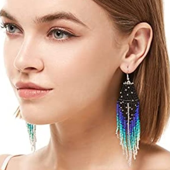 Long 5" Turquoise Blue & Black Beaded Large Oversized Bohemian Handmade Earrings - Picture 2 of 9